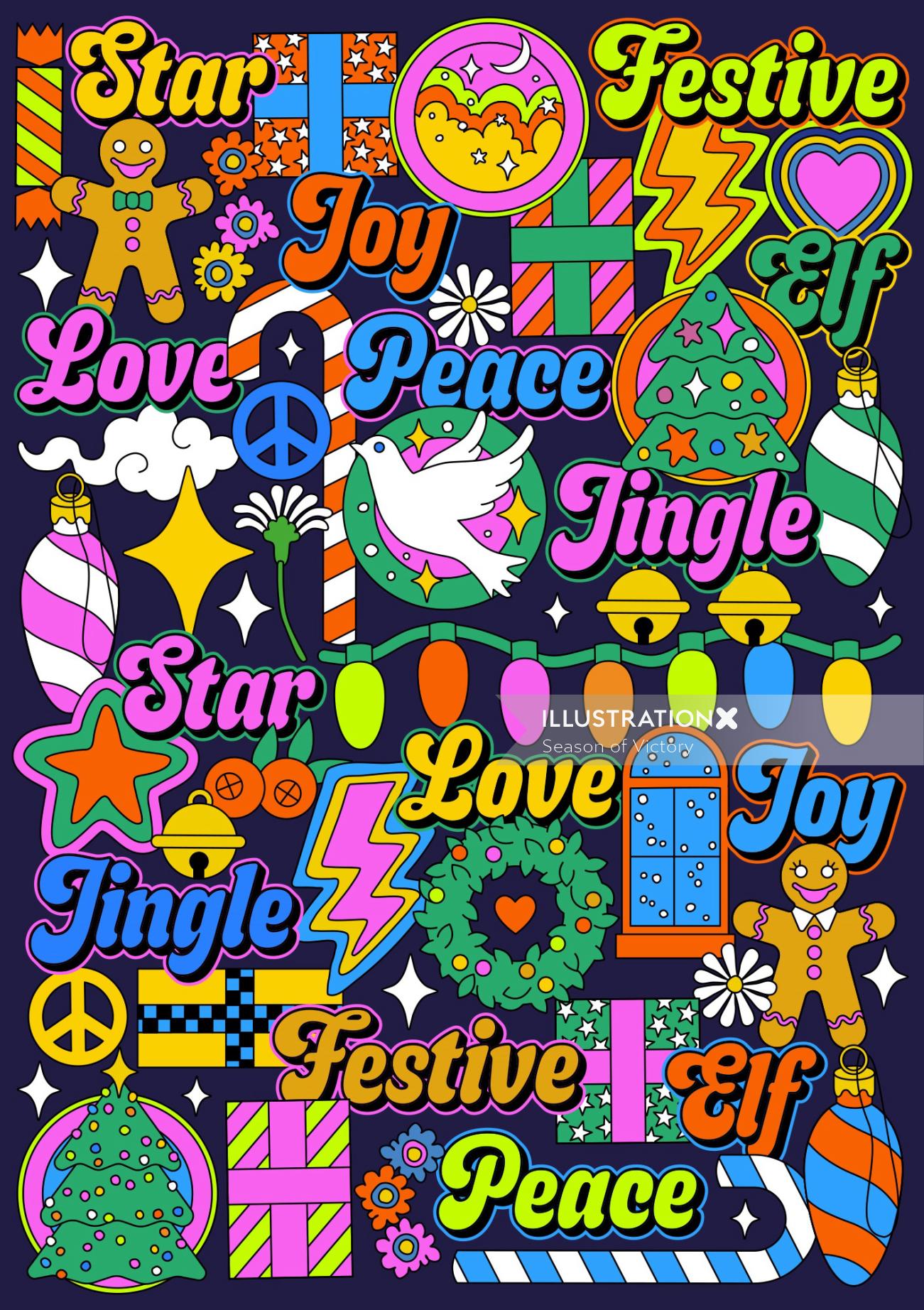 Neon-colored modern festive pattern with a Christmas motif