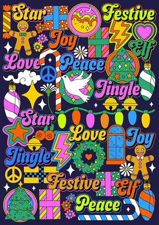 Neon-colored modern festive pattern with a Christmas motif