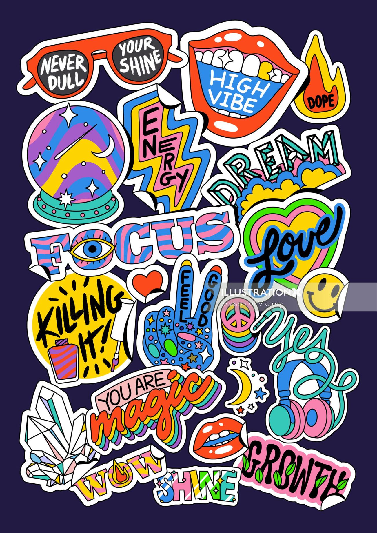 High Vibe illustrated graphic stickers