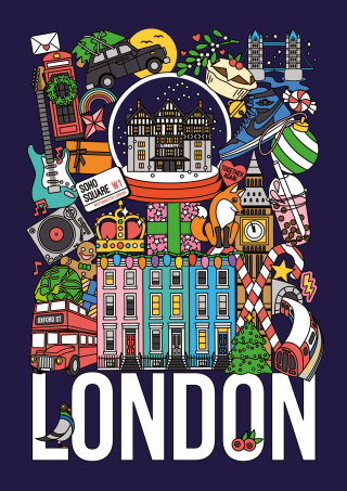 クリスマスのロンドン – 街の風景のポスターイラスト