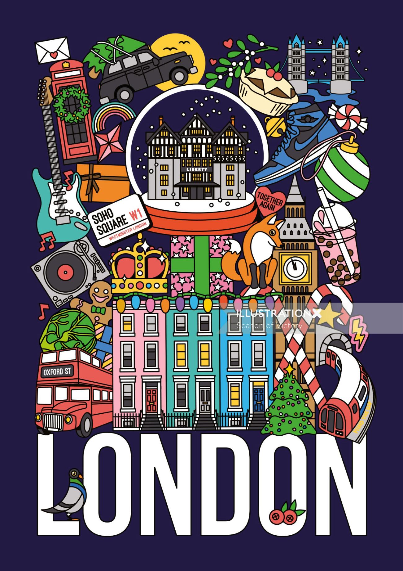 クリスマスのロンドン – 都市シーンのポスター イラスト