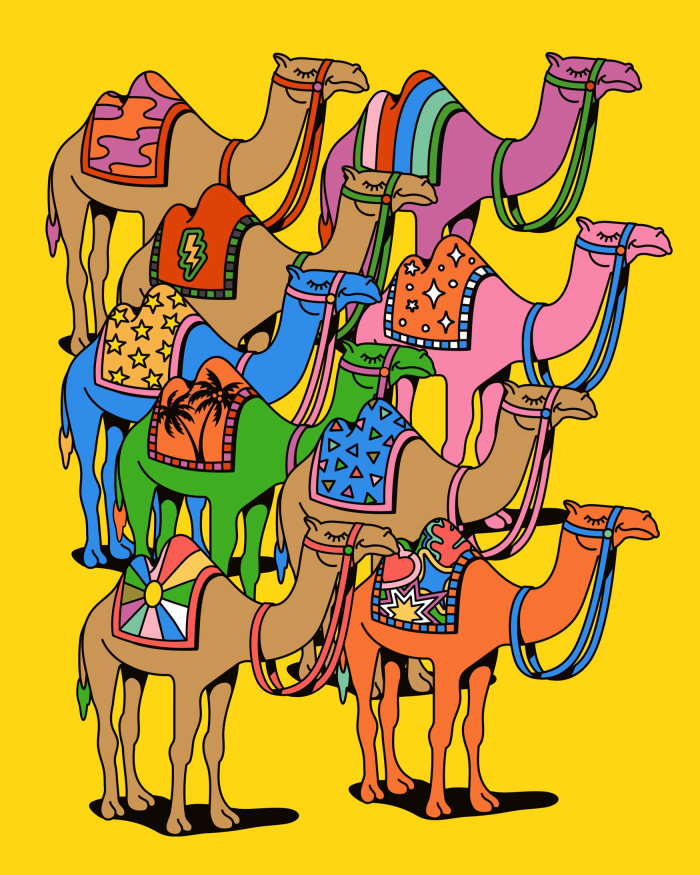 Ilustração colorida de padrão de camelos psicodélicos