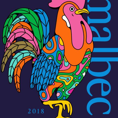 Colorful rooster for Malbec wine packaging