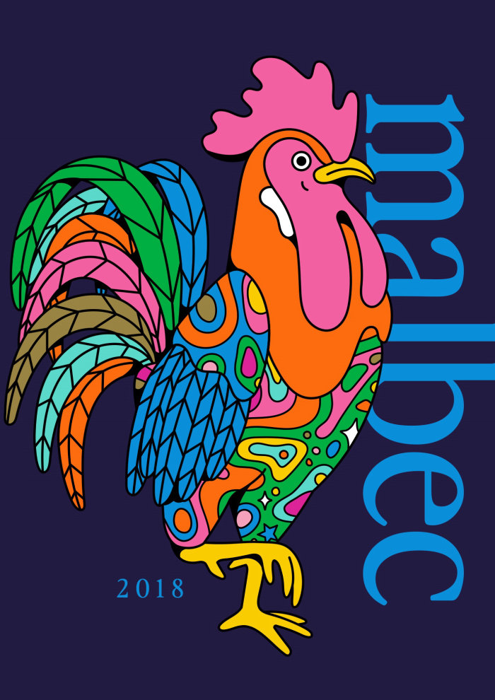 Colorful rooster for Malbec wine packaging