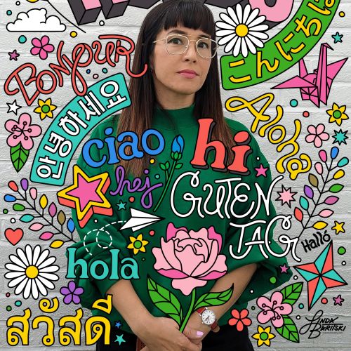 Colorful illustrated self-portrait with multilingual greetings and doodles