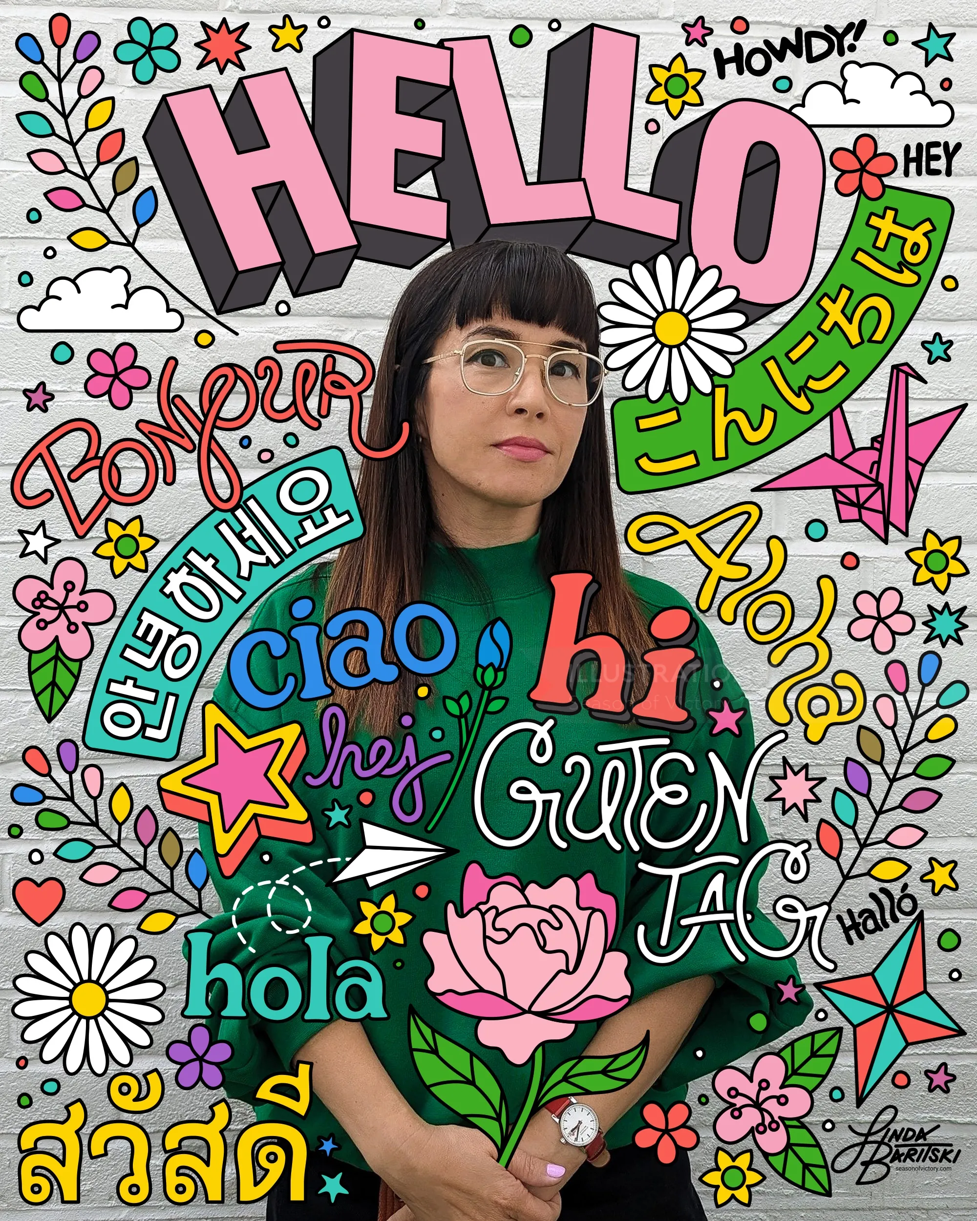 Colorful illustrated self-portrait with multilingual greetings and doodles