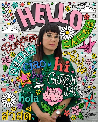 Colorful illustrated self-portrait with multilingual greetings and doodles