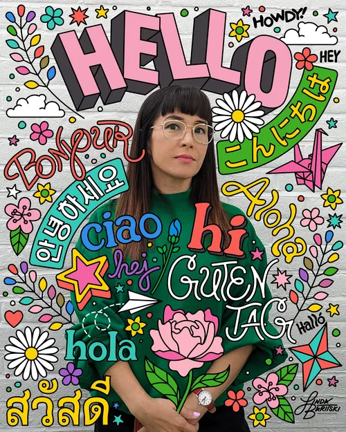 Colorful illustrated self-portrait with multilingual greetings and doodles
