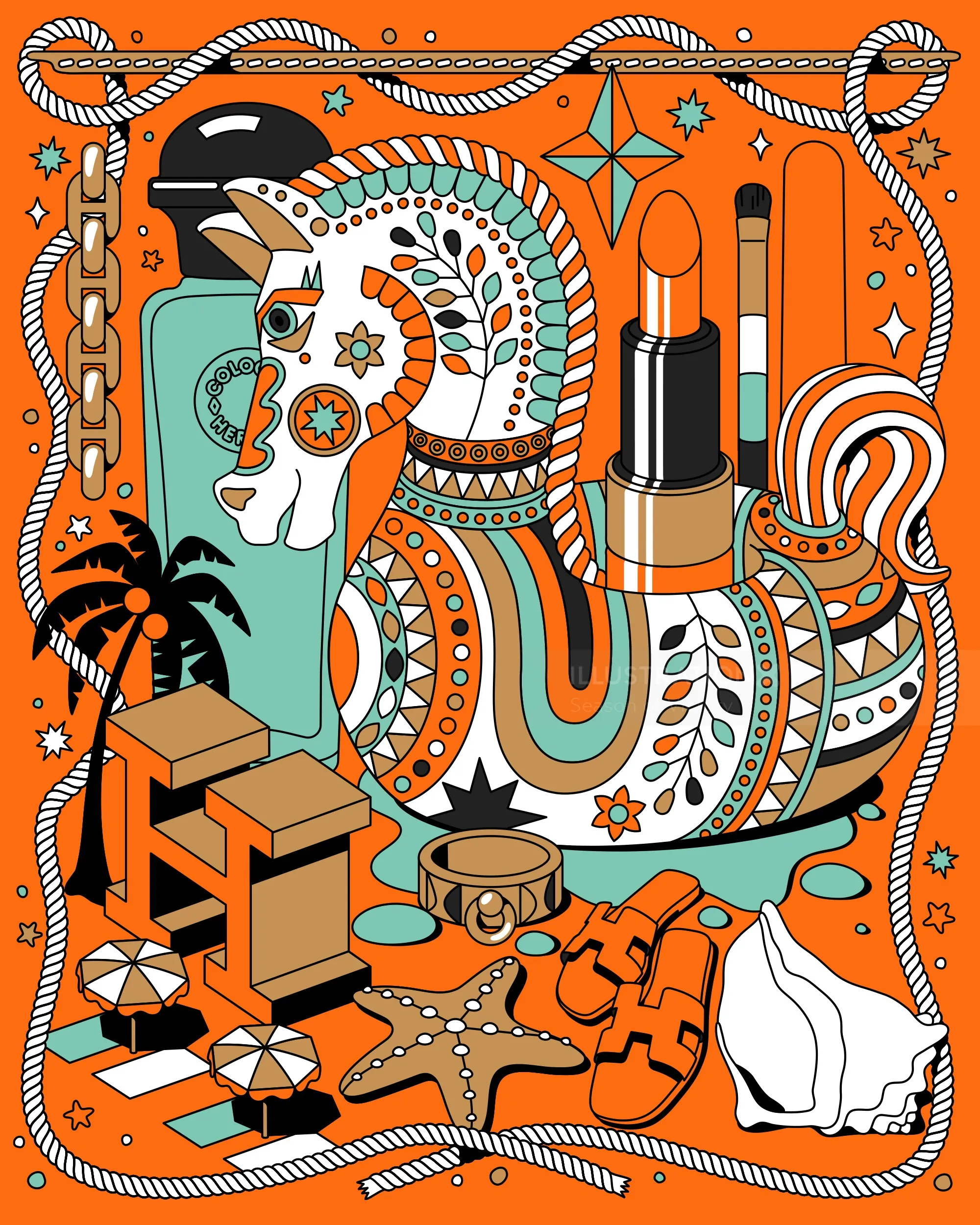 Maximalist artwork with Hermès perfume and jewelry