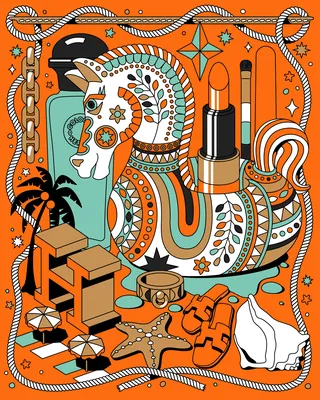 Maximalist artwork with Hermès perfume and jewelry