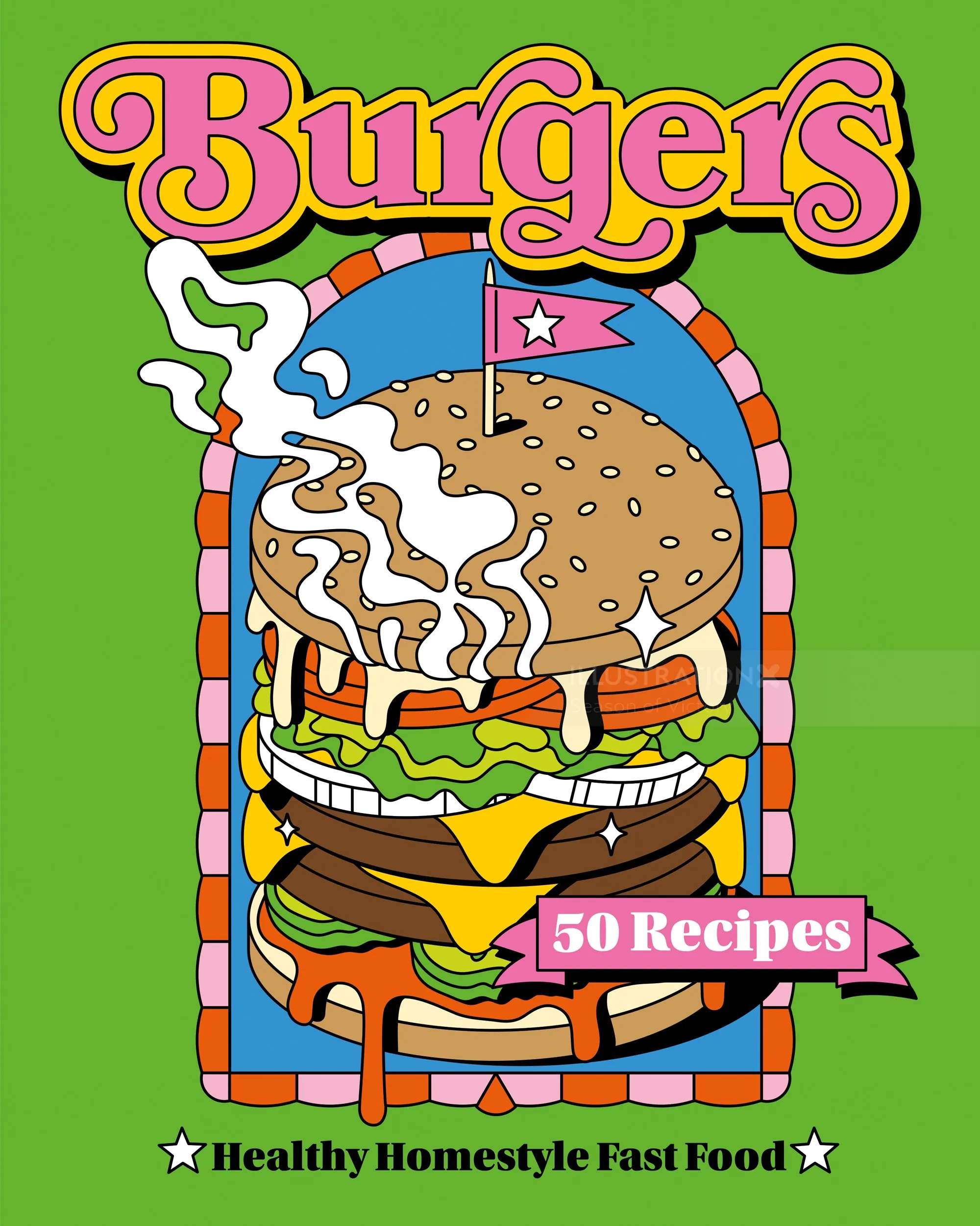 Colorful recipe book cover illustrations for "Burgers"