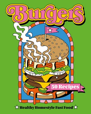 Colorful recipe book cover illustrations for "Burgers"