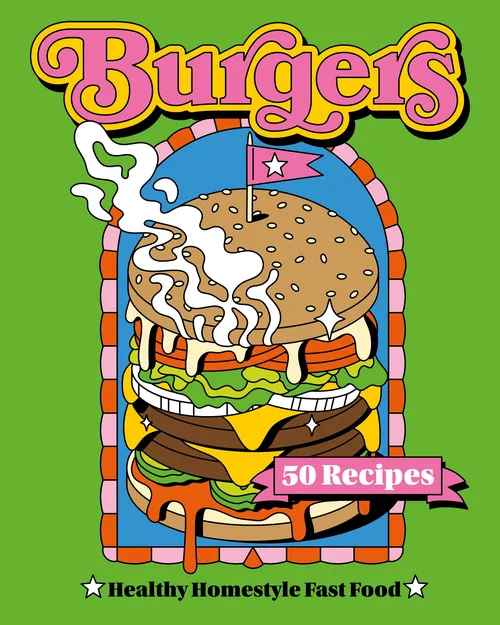 Colorful recipe book cover illustrations for "Burgers"