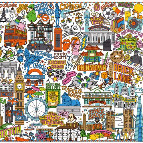 Detailed London scene mixing city icons, history, and music culture