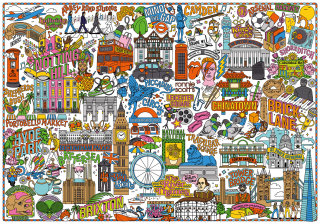 Detailed London scene mixing city icons, history, and music culture