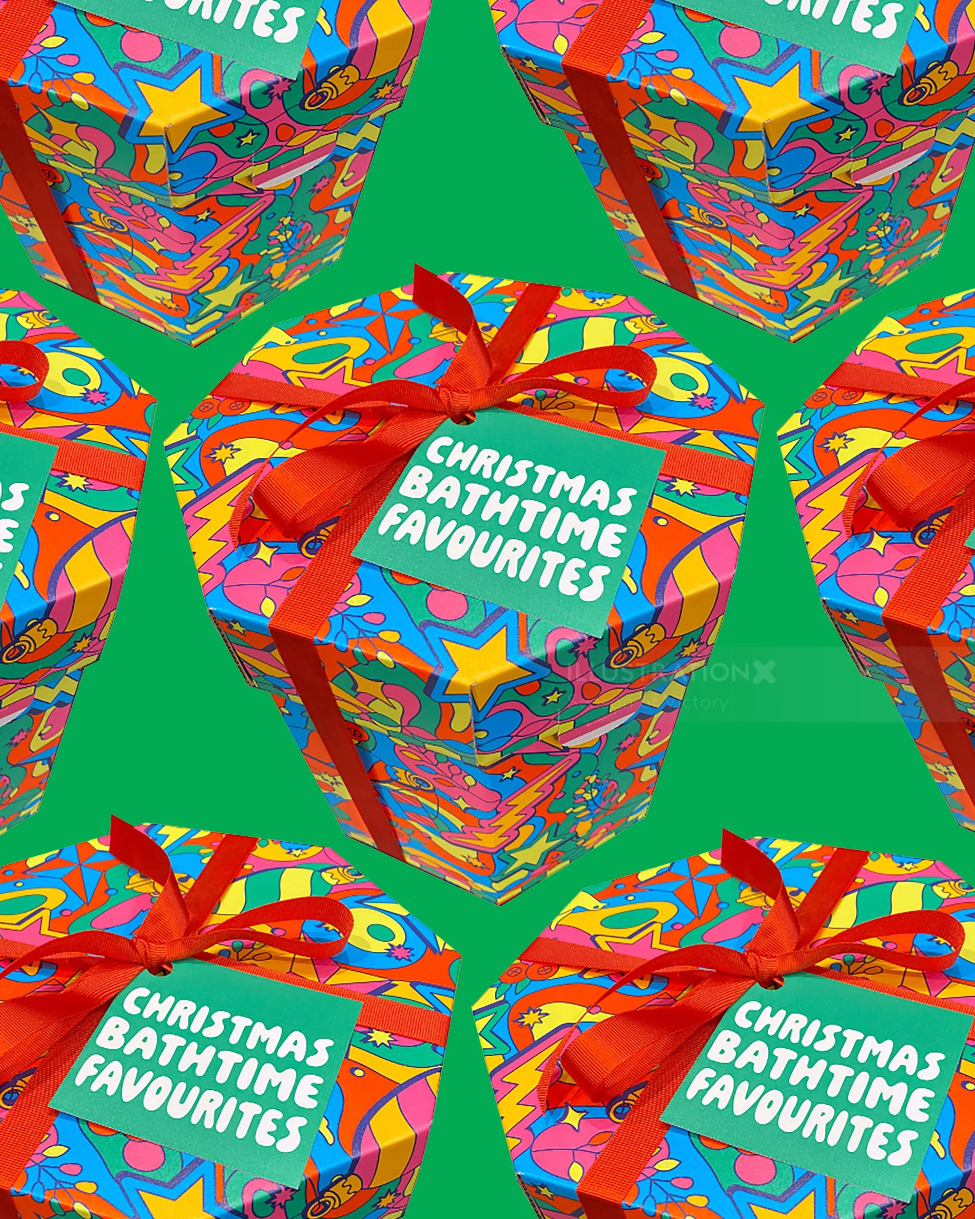 Knotwrap and boxed gift Christmas illustration for Lush