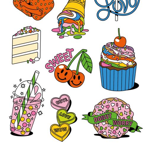 Colorful temporary tattoo illustrations of sweets and love-themed icons
