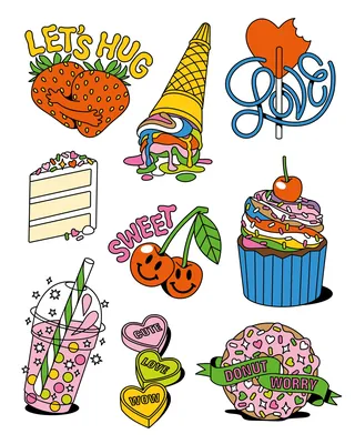 Colorful temporary tattoo illustrations of sweets and love-themed icons