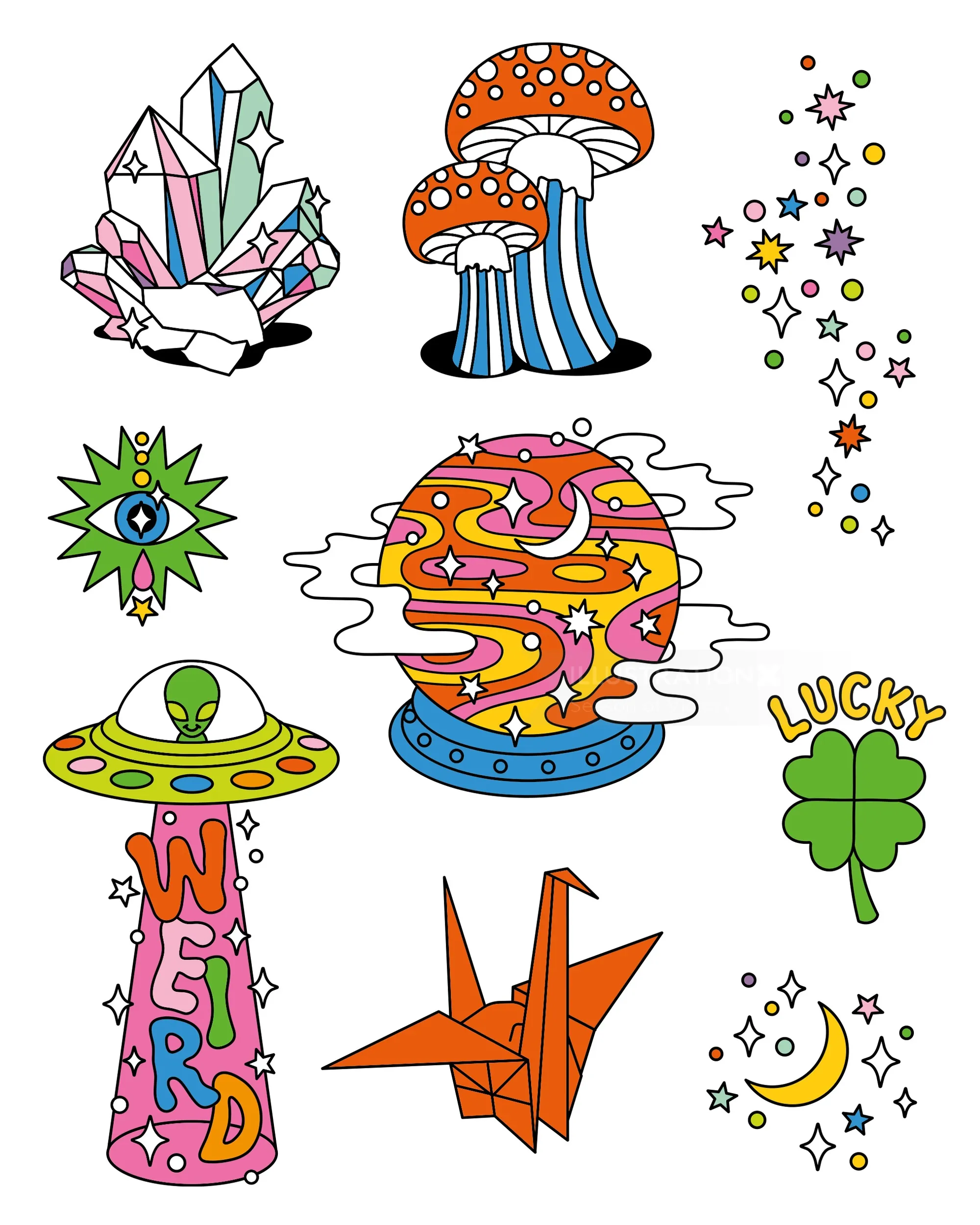 Colorful mystical temporary tattoos with crystals, mushrooms, aliens, and lucky symbols
