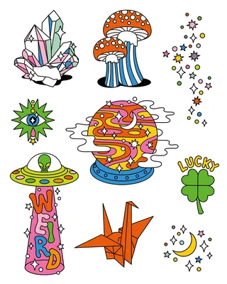 Colorful mystical temporary tattoos with crystals, mushrooms, aliens, and lucky symbols