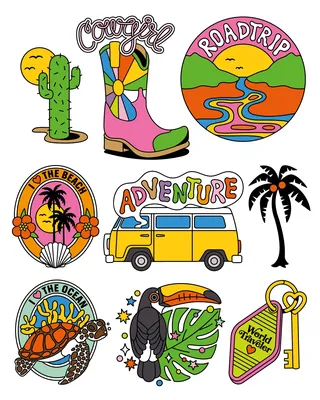 Colorful temporary tattoos featuring travel, adventure, and tropical icons