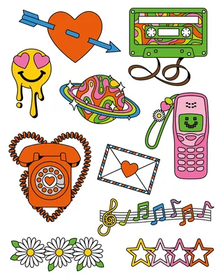 Colorful retro temporary tattoos including hearts, phone, cassette, music notes