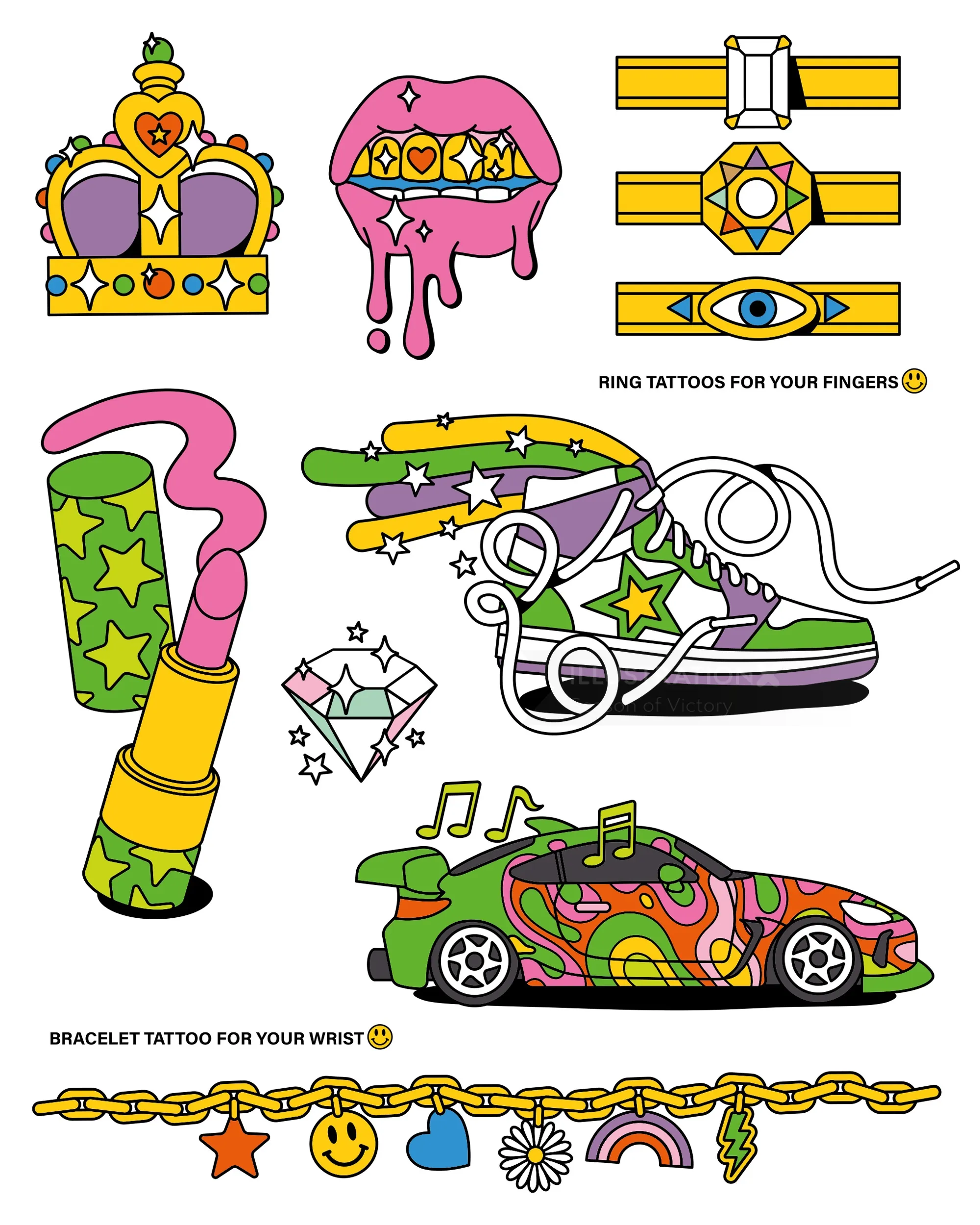 Colorful temporary tattoo designs including crown, lips, sneakers, car, and jewelry
