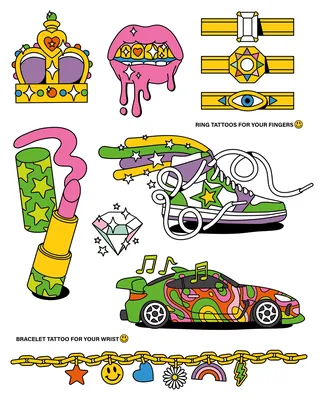 Colorful temporary tattoo designs including crown, lips, sneakers, car, and jewelry
