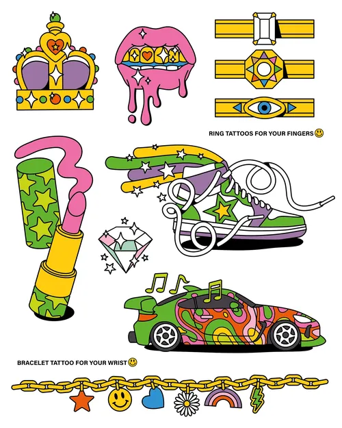 Colorful temporary tattoo designs including crown, lips, sneakers, car, and jewelry