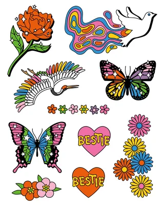 Colorful temporary tattoos of birds, butterflies, flowers, and hearts