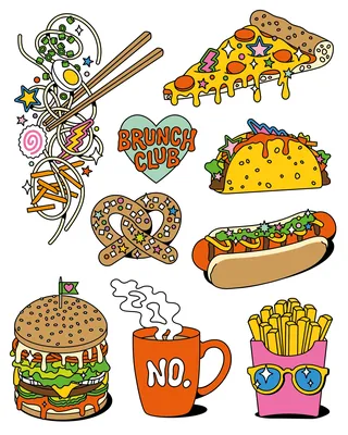 Colorful temporary tattoos of food items like pizza, taco, burger and fries