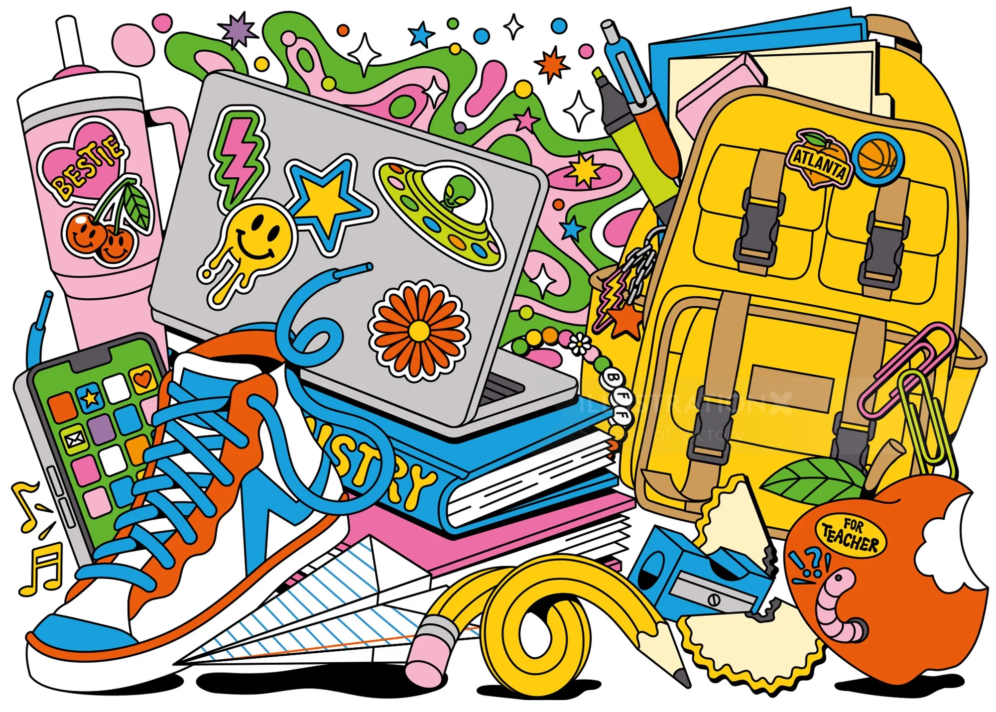 Colorful back to school items including laptop, backpack, sneakers, and books
