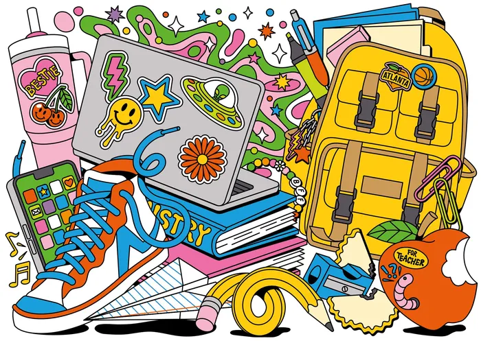 Colorful back to school items including laptop, backpack, sneakers, and books
