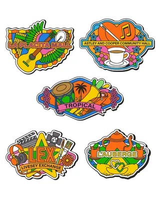 Colorful community mural stickers with cultural and tropical themes