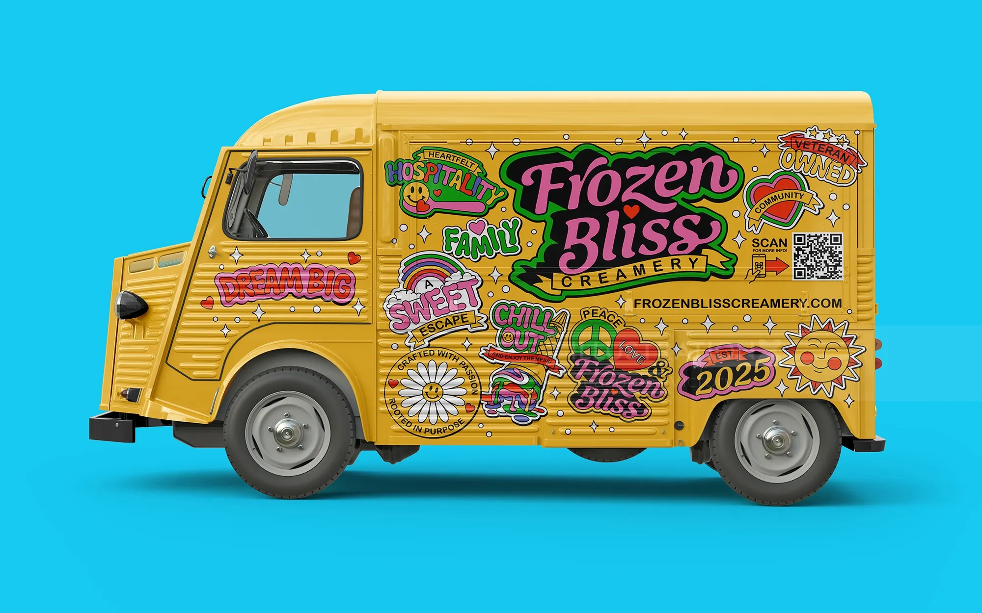 Colourful truck branding for Frozen Bliss Creamery