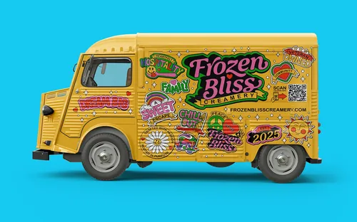Colourful truck branding for Frozen Bliss Creamery