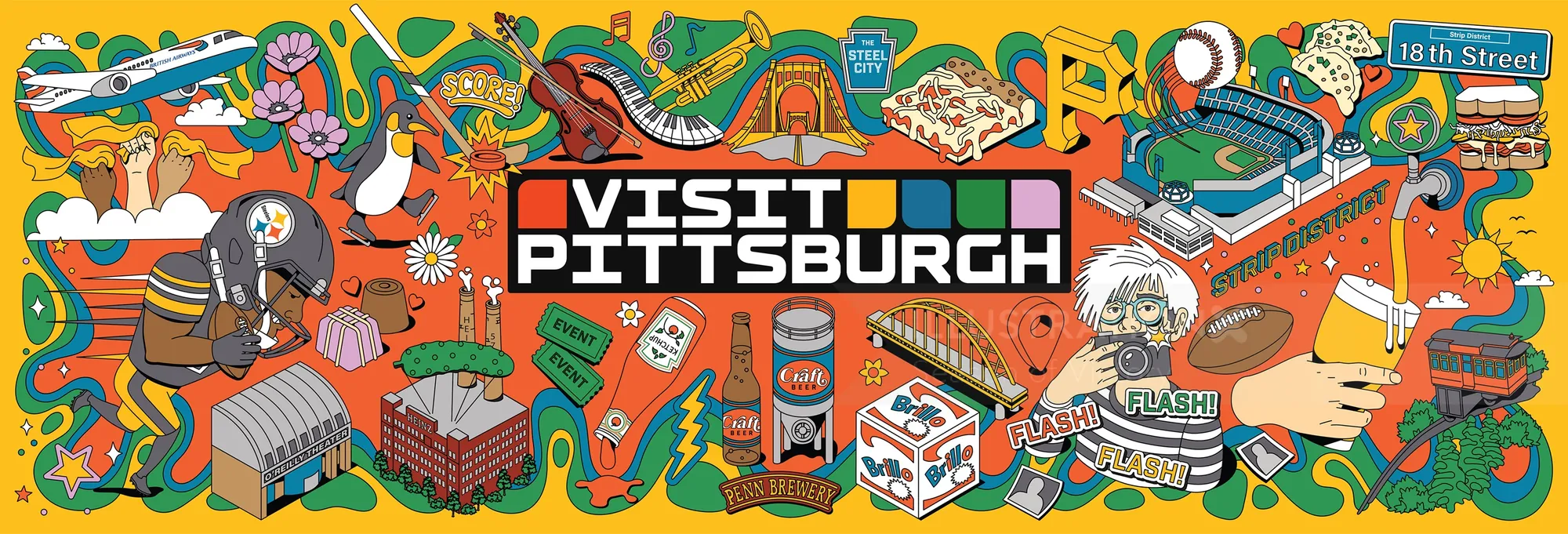 Pittsburgh cityscape illustration with iconic landmarks