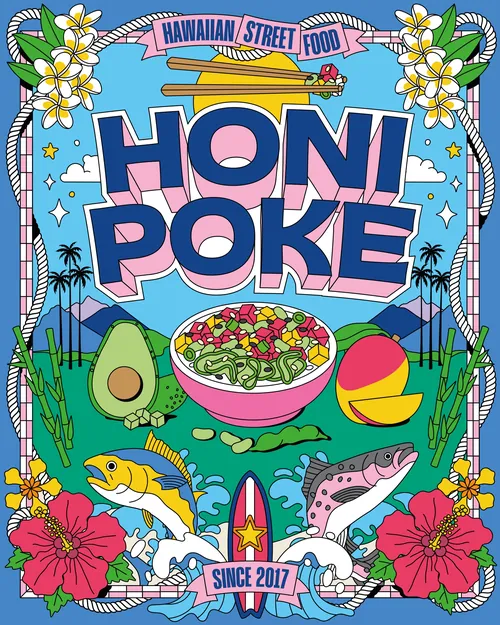 Honi Poke Hawaiian poke bowl label design