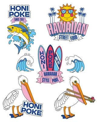 Colorful Hawaiian poke bowl themed illustrations with fish, pelicans, and surfboards