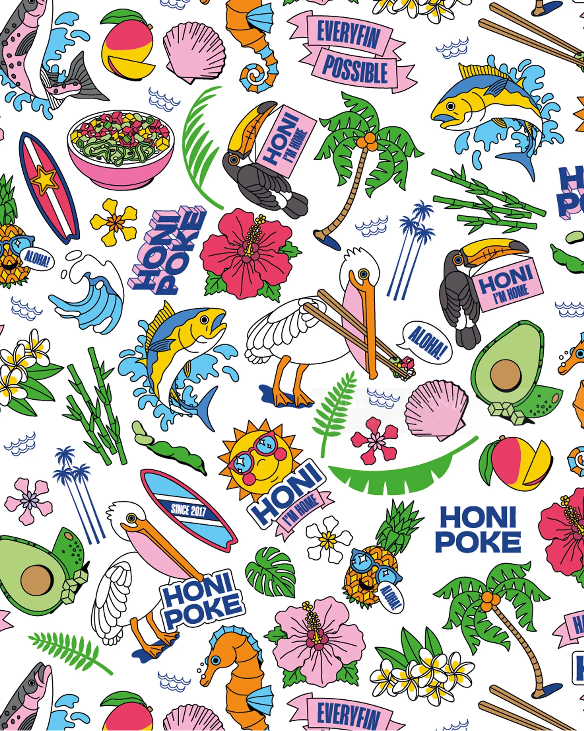 Colorful Hawaiian-themed illustrations with poke bowls and tropical elements