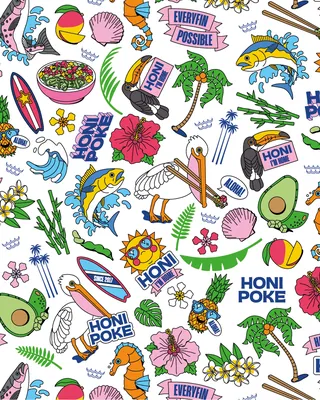 Colorful Hawaiian-themed illustrations with poke bowls and tropical elements