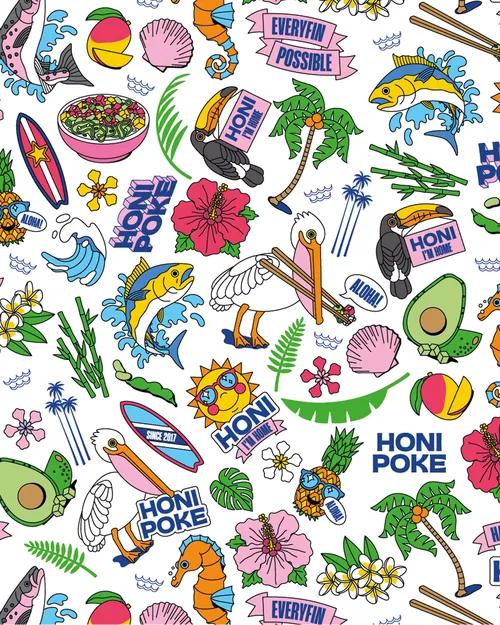 Colorful Hawaiian-themed illustrations with poke bowls and tropical elements