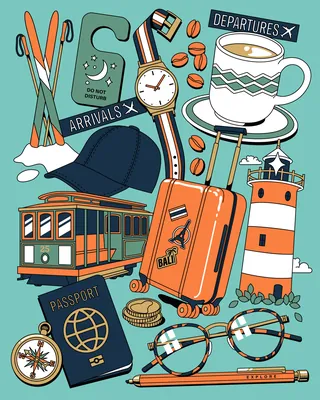 Vintage travel items including luggage, coffee, lighthouse, and accessories