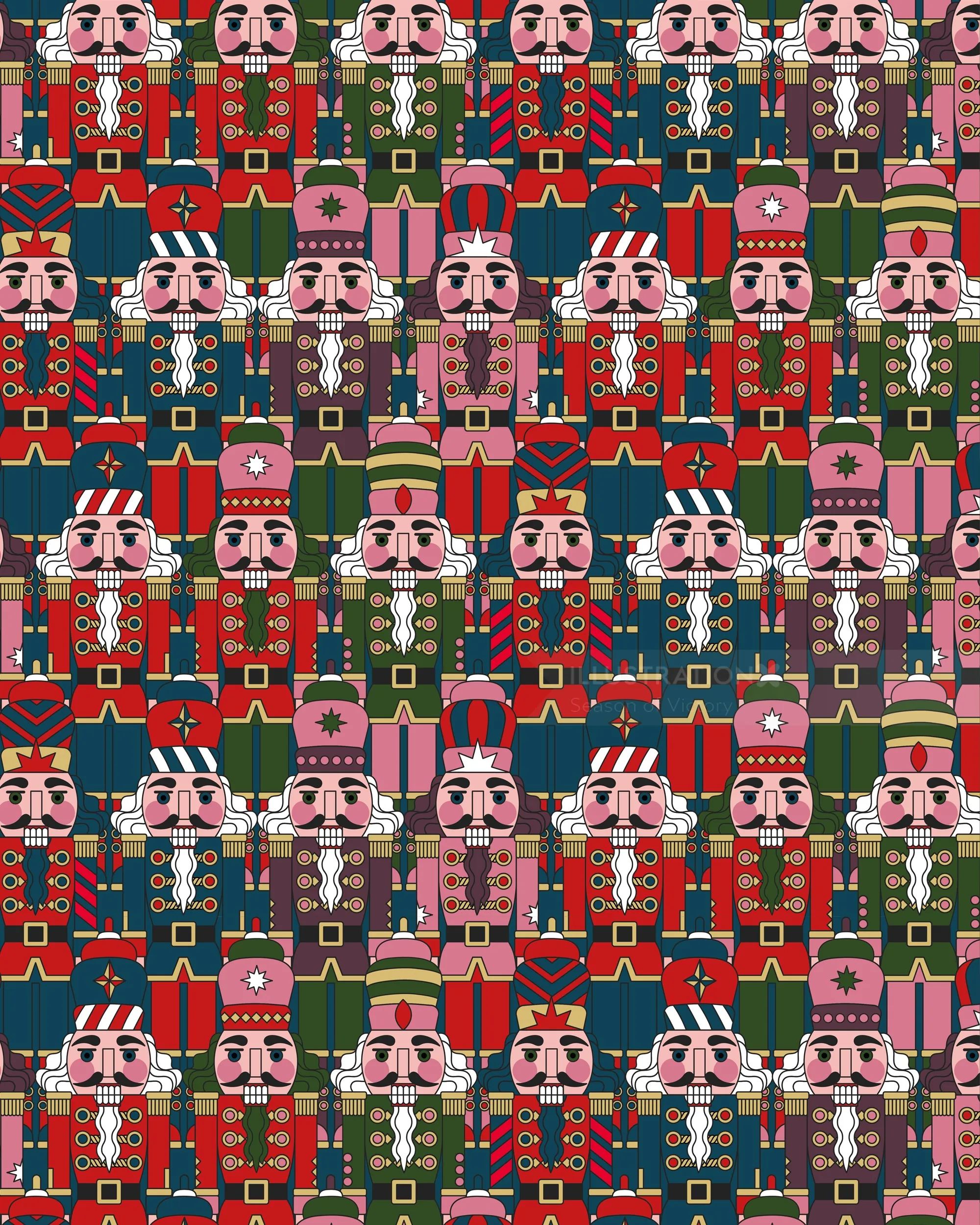 Seamless pattern of colorful nutcracker soldiers in festive colors