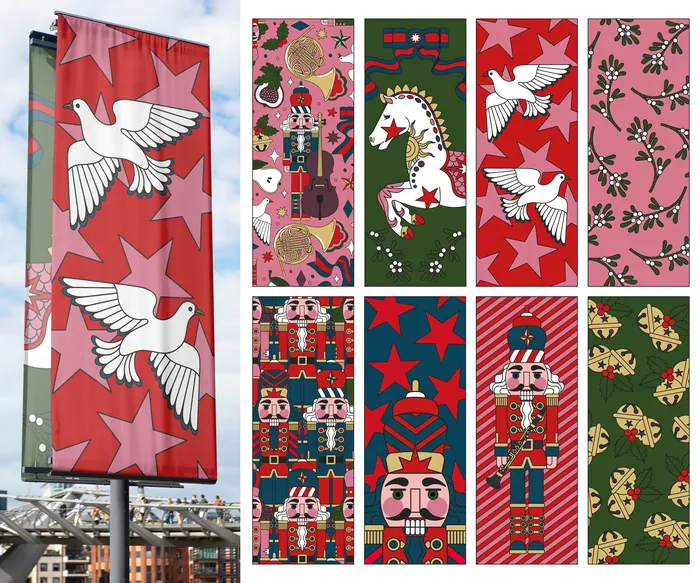 Christmas pole banners with doves, nutcrackers, carousel, and festive patterns
