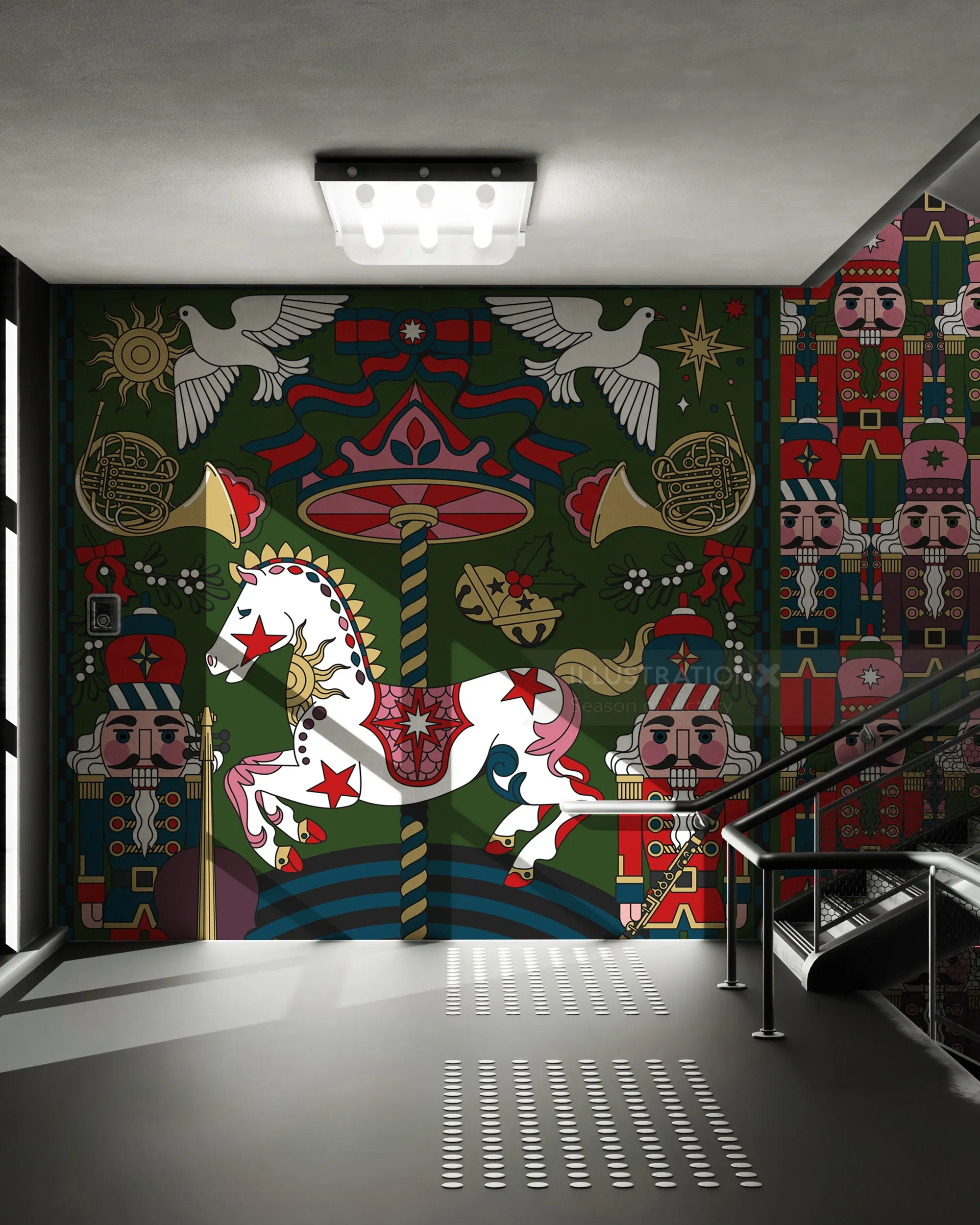 Vintage Christmas mural with nutcrackers, carousel horse, doves, and ornaments