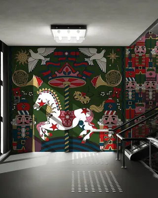 Vintage Christmas mural with nutcrackers, carousel horse, doves, and ornaments