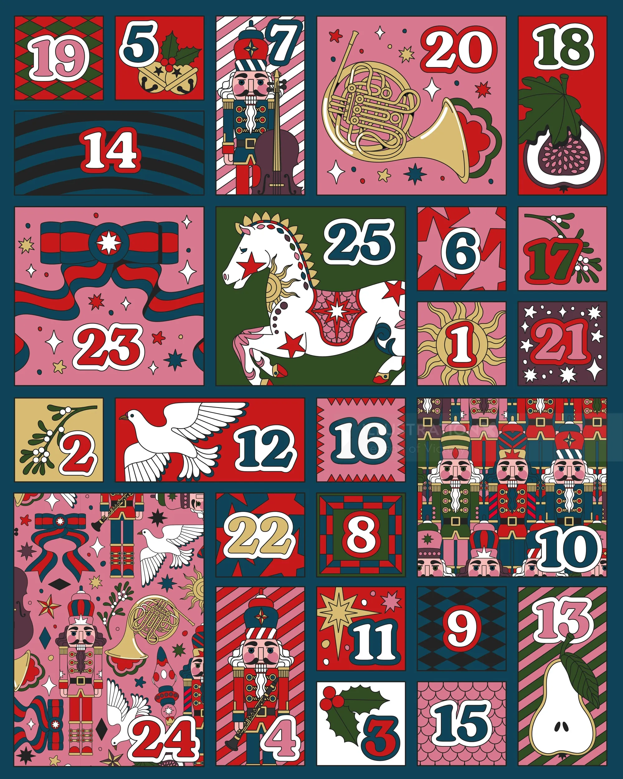 Colorful Christmas advent calendar with vintage holiday illustrations