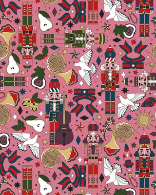 Seamless pattern with nutcrackers, doves, musical instruments, and winter fruits