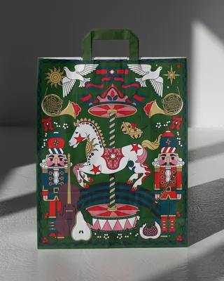 Christmas shopping bag with carousel horse and nutcrackers